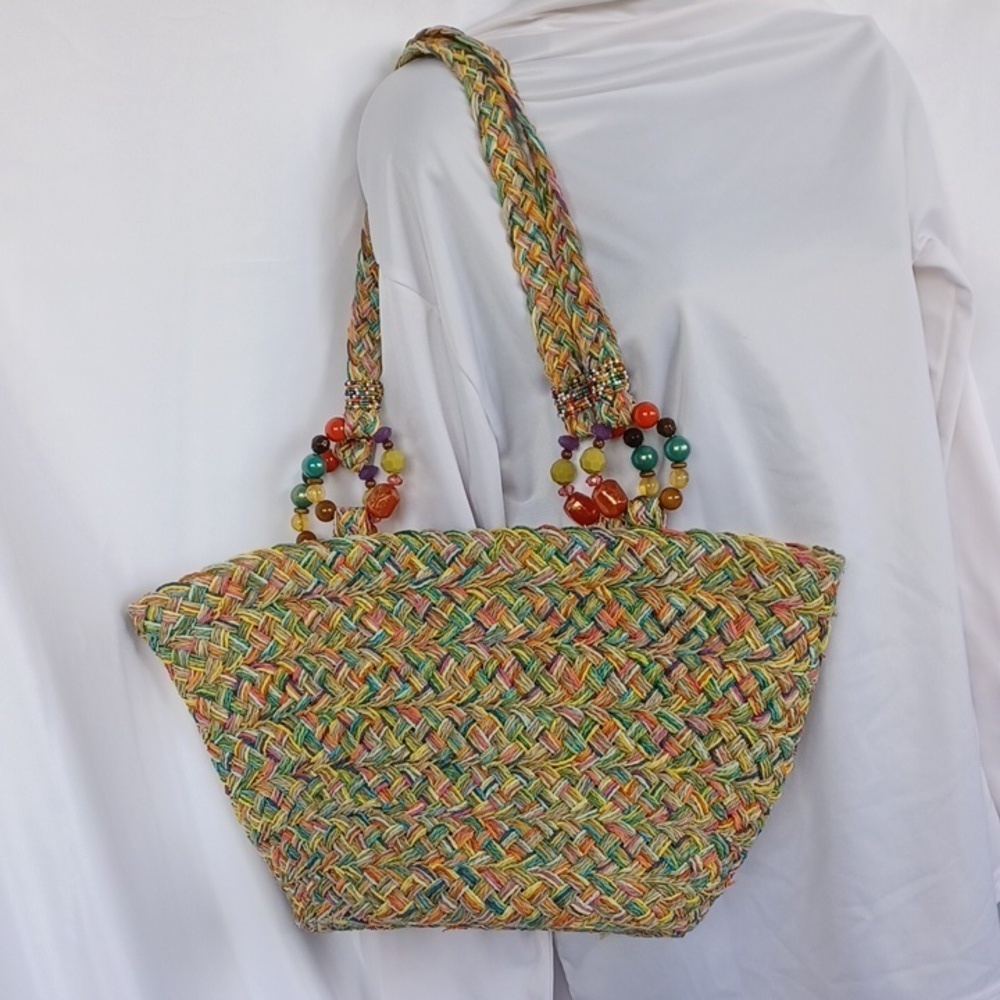 Cappelli Beach Tote, multicolor straw strands, braided, beaded handles 18x9x6